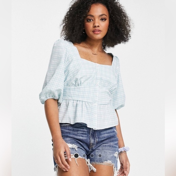 New Look button up tea blouse in mint plaid - Picture 1 of 7